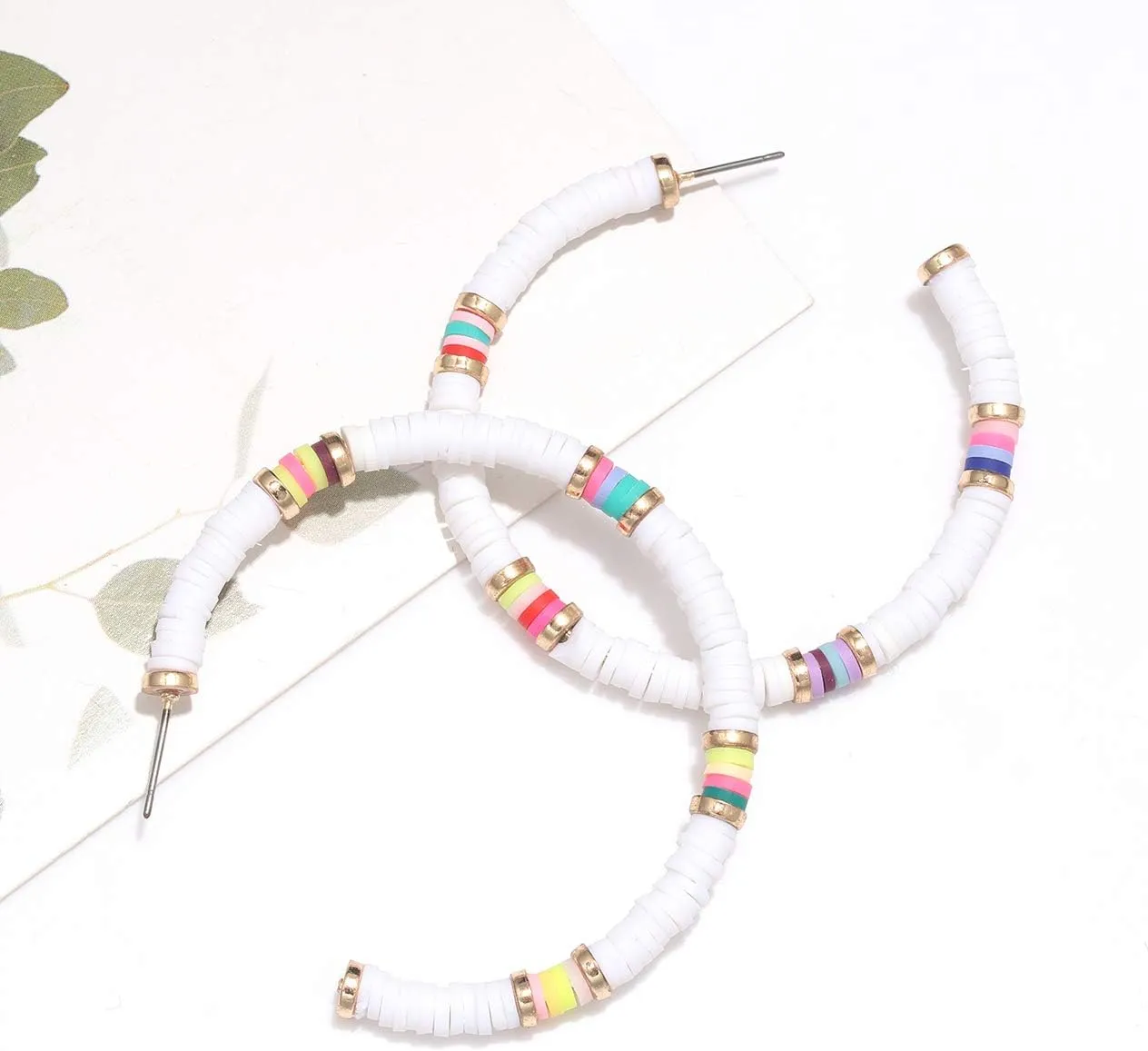 NVENF Heishi Bead Hoop Earrings for Women Rainbow Vinyl Disc Beads Circle Earring Studs Handmade Bohemia Summer Beach Earring Vacation Party Gifts