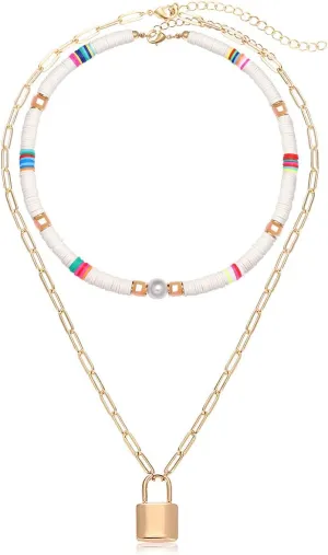 NVENF Heishi Bead Surfer Choker Necklace Layered Paperclip Chain Necklace Set Rainbow Vinyl Disc Bead Necklaces Lock Pendant Necklace for Women Girls Summer Beach Accessory
