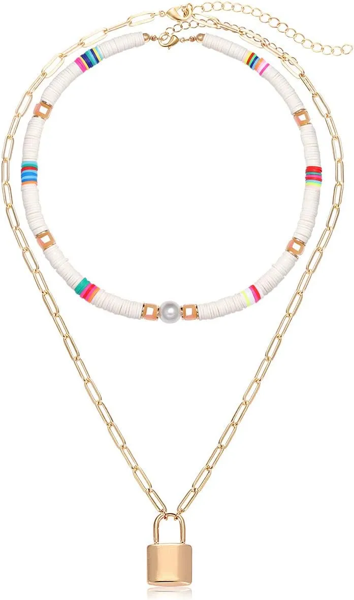 NVENF Heishi Bead Surfer Choker Necklace Layered Paperclip Chain Necklace Set Rainbow Vinyl Disc Bead Necklaces Lock Pendant Necklace for Women Girls Summer Beach Accessory