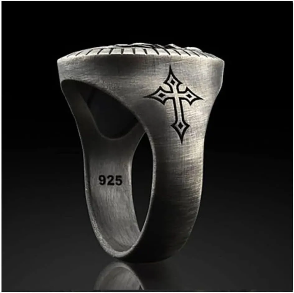OIDIMS Men's Jesus Head Ring Catholic Christian Cross Vintage Signet Retro Religious Amulet Baptism Bands Hip Hop Biker Jewelry Gift for Men Women Father's Day Accessories