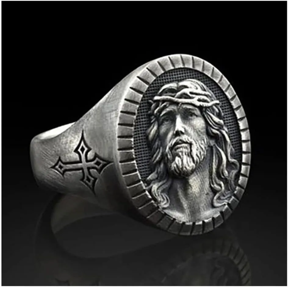 OIDIMS Men's Jesus Head Ring Catholic Christian Cross Vintage Signet Retro Religious Amulet Baptism Bands Hip Hop Biker Jewelry Gift for Men Women Father's Day Accessories