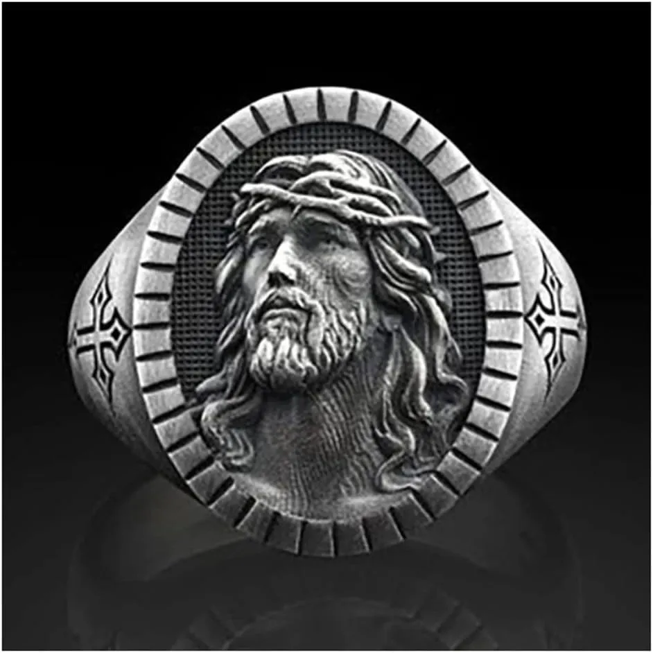 OIDIMS Men's Jesus Head Ring Catholic Christian Cross Vintage Signet Retro Religious Amulet Baptism Bands Hip Hop Biker Jewelry Gift for Men Women Father's Day Accessories