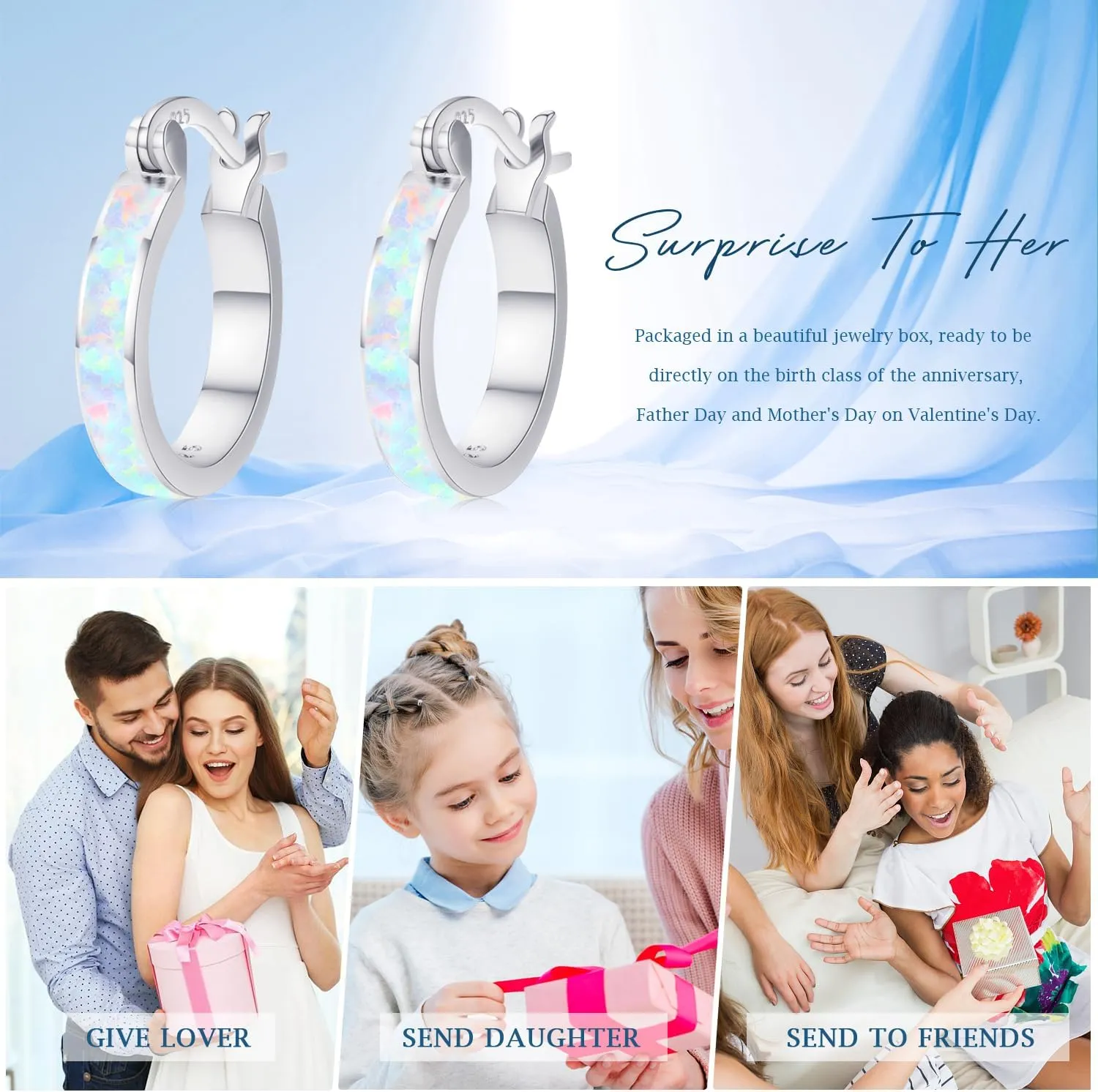 Opal Earrings Blue/Pink/White/Fire/Red Fire Opal Hoop Earrings for Women 925 Sterling Silver Hoop Earrings Jewelry Gifts for Girls