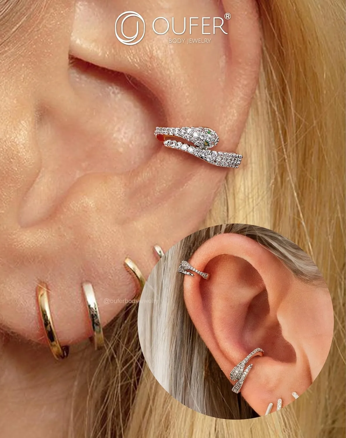 OUFER Cartilage Helix Hoop Earrings, 16G Orbital Conch Earrings, Tragus Daith Helix Piercings Jewelry, Snake CZ Rook Earrings, Surgical Steel Clicker Silver Nose Rings