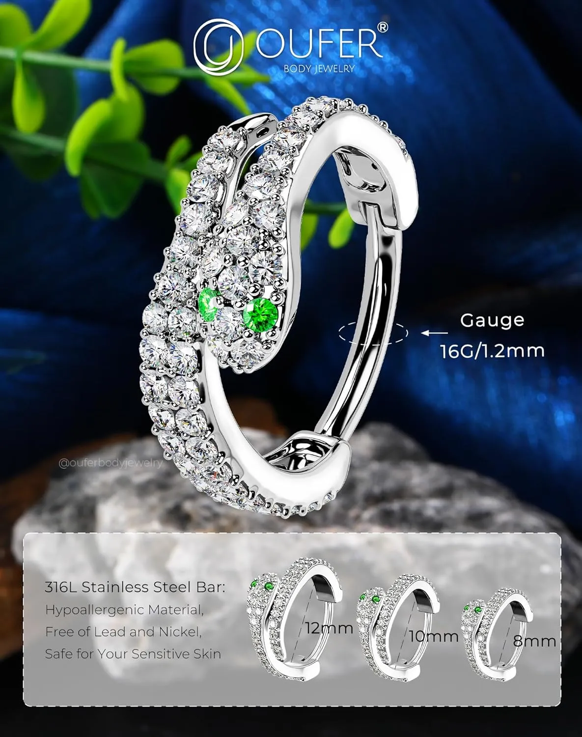 OUFER Cartilage Helix Hoop Earrings, 16G Orbital Conch Earrings, Tragus Daith Helix Piercings Jewelry, Snake CZ Rook Earrings, Surgical Steel Clicker Silver Nose Rings