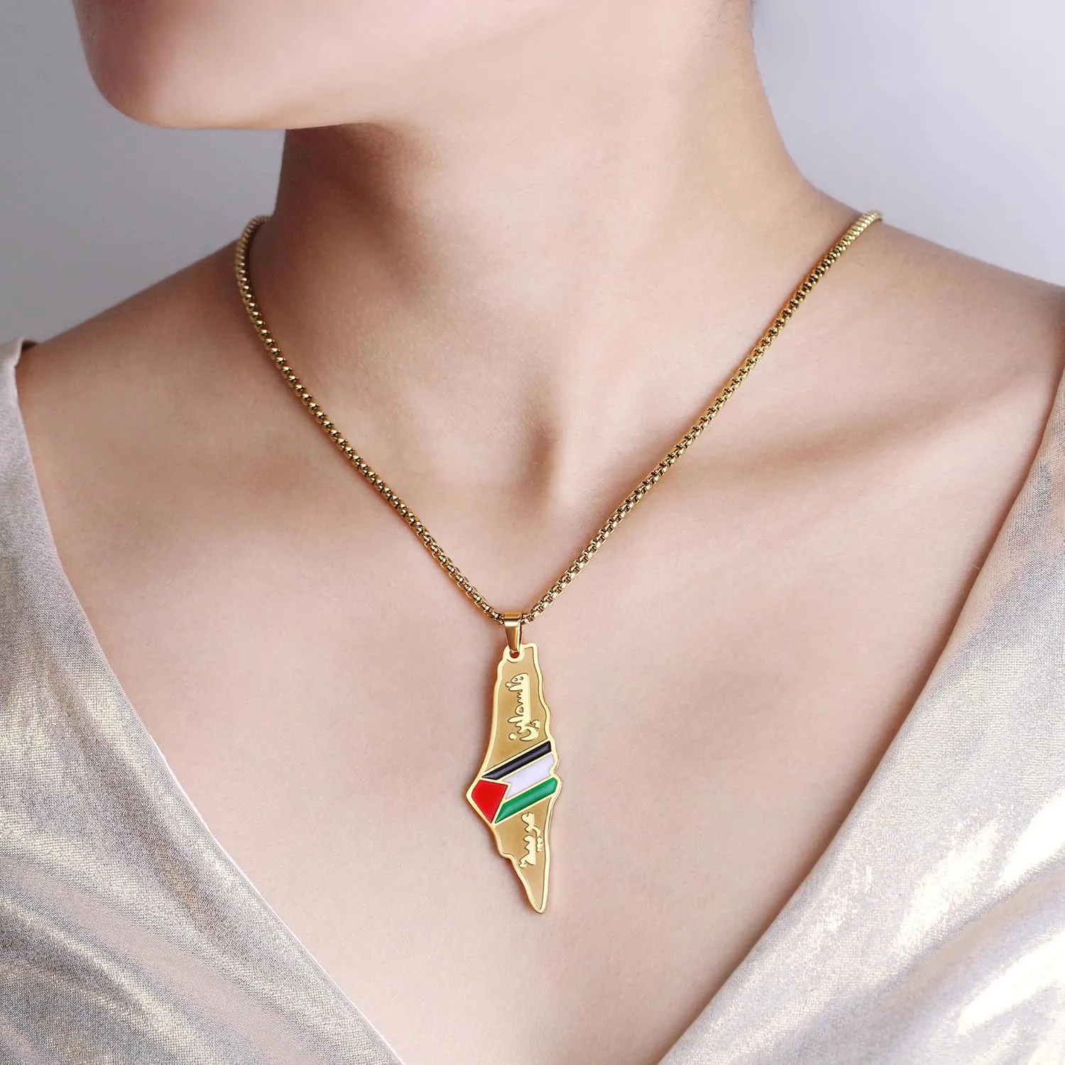 Palestine Flag Necklace, Stainless Steel Arabic Pendant, Islamic Faith Jewelry for Men and Women, Middle Eastern Religious Charm, Holy Land Souvenir Gift Y5138