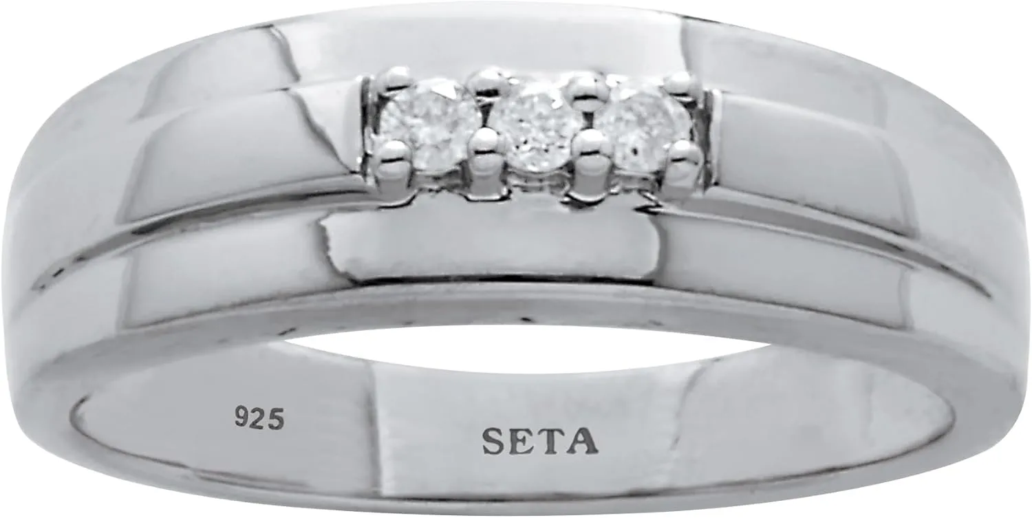 Palm Beach Jewelry Men's .09 TCW Platinum-Plated Sterling Silver 3-Stone Diamond Band