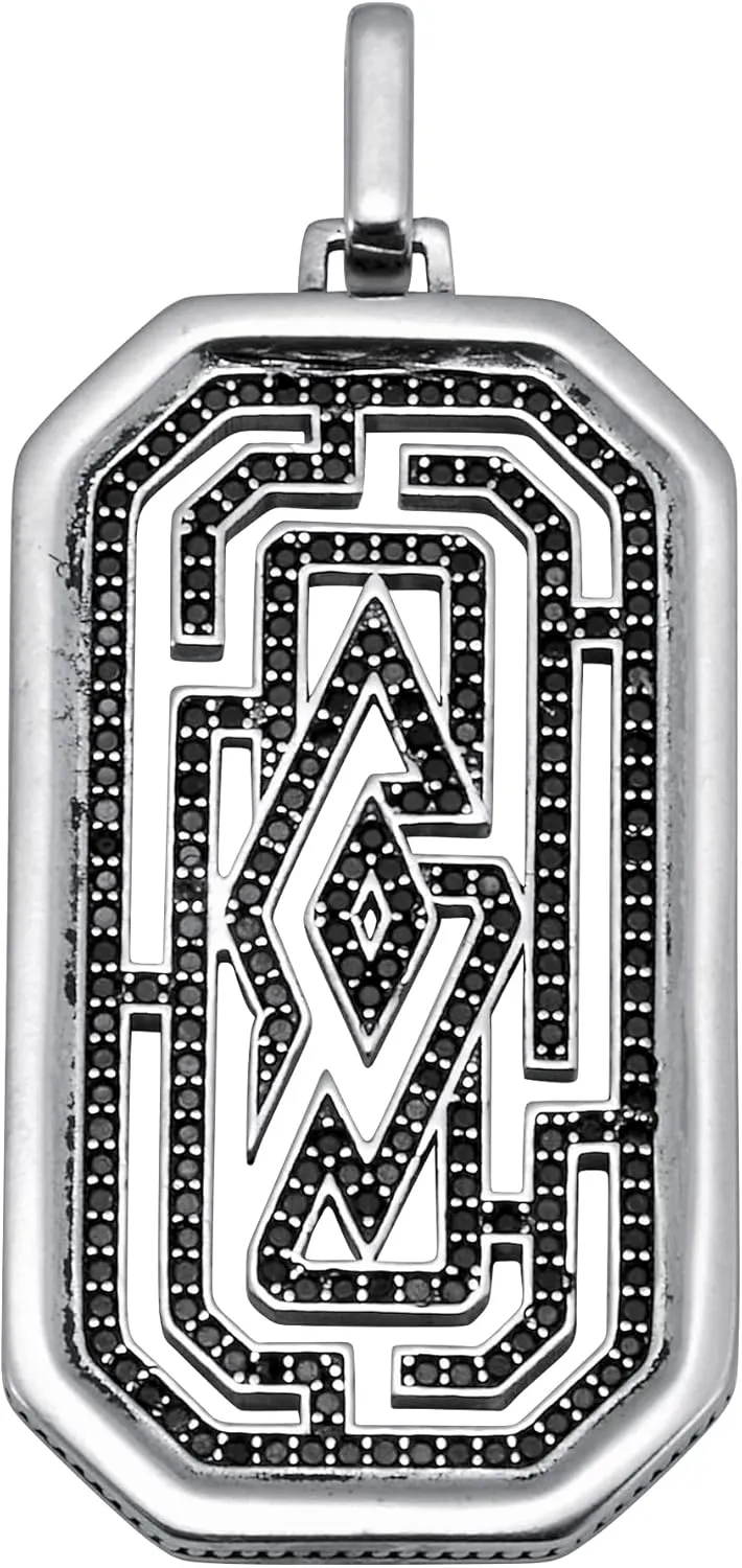 Palm Beach Jewelry Men's Round Black Crystal Sterling Silver Dog Tag Pendant