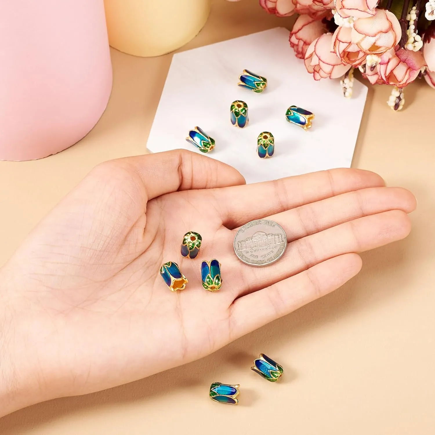 Pandahall 10pcs Alloy Flower Enamel Beads Caps Gold Plated 0.31x0.43 Inch 5-Petal Loose Beads Spacers for Jewelry Making