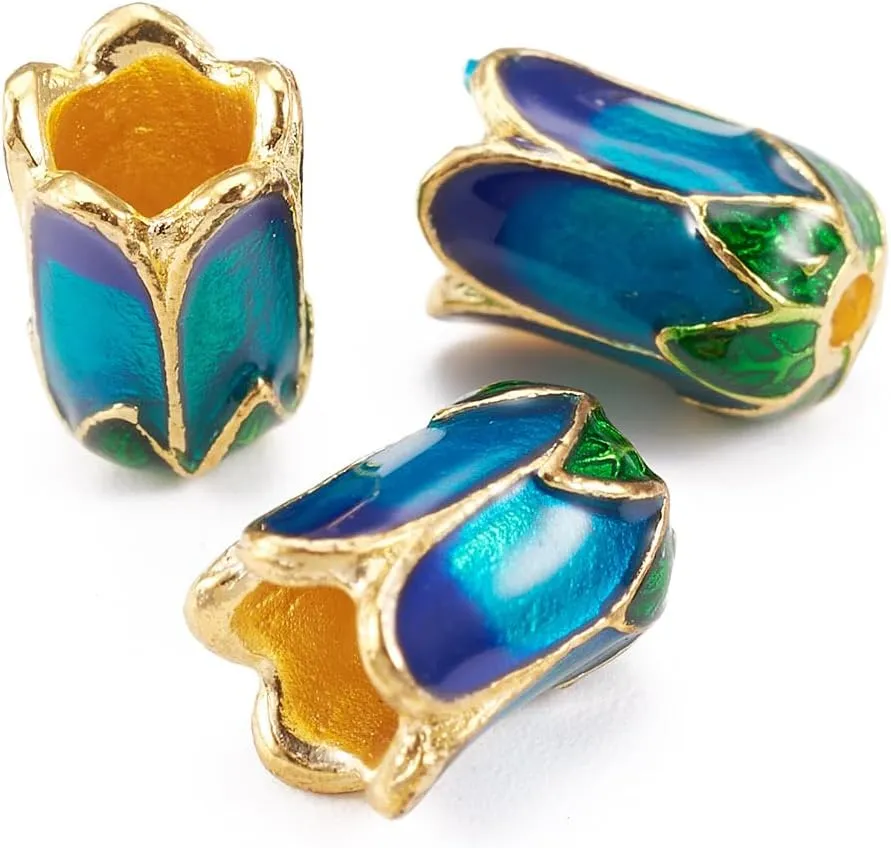 Pandahall 10pcs Alloy Flower Enamel Beads Caps Gold Plated 0.31x0.43 Inch 5-Petal Loose Beads Spacers for Jewelry Making
