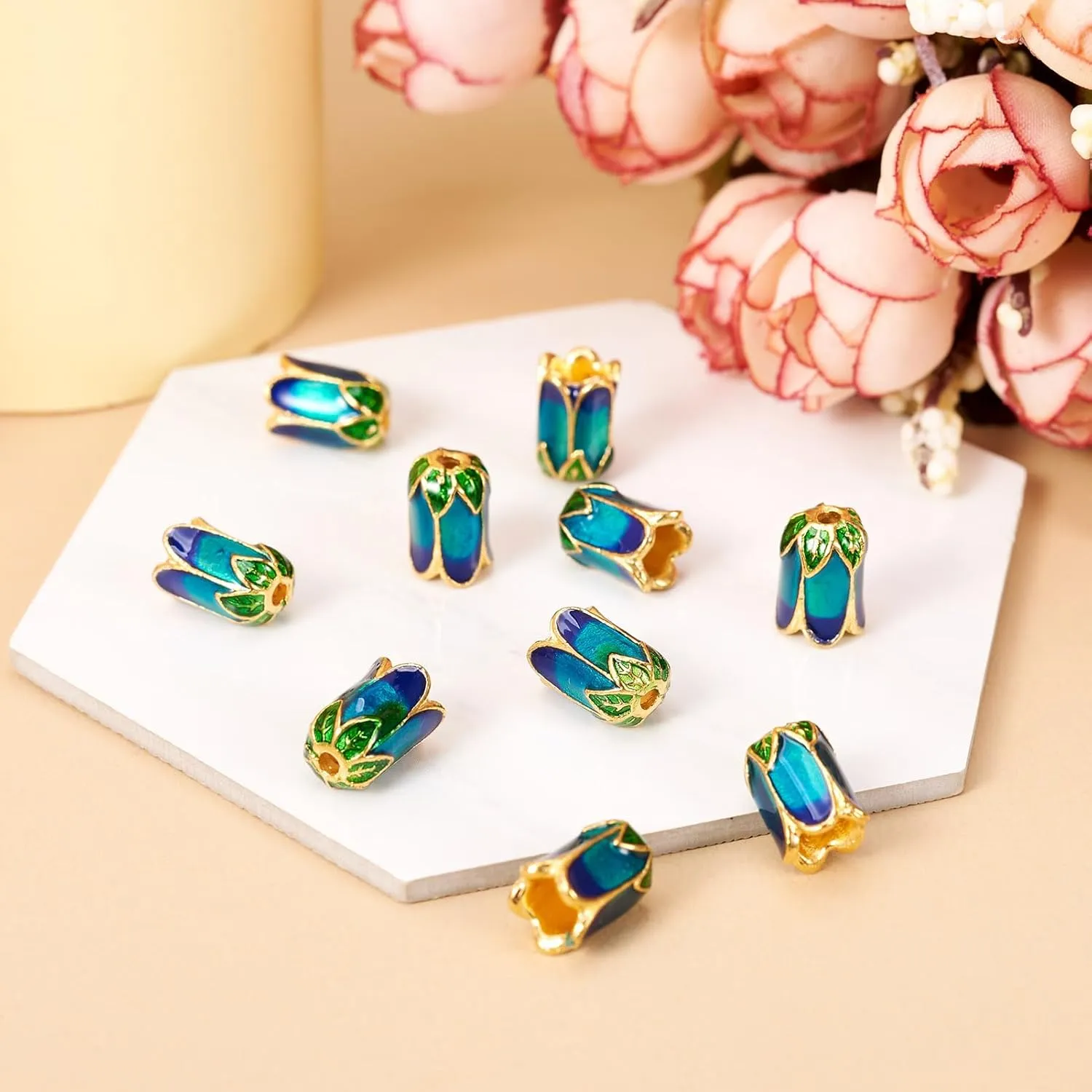 Pandahall 10pcs Alloy Flower Enamel Beads Caps Gold Plated 0.31x0.43 Inch 5-Petal Loose Beads Spacers for Jewelry Making