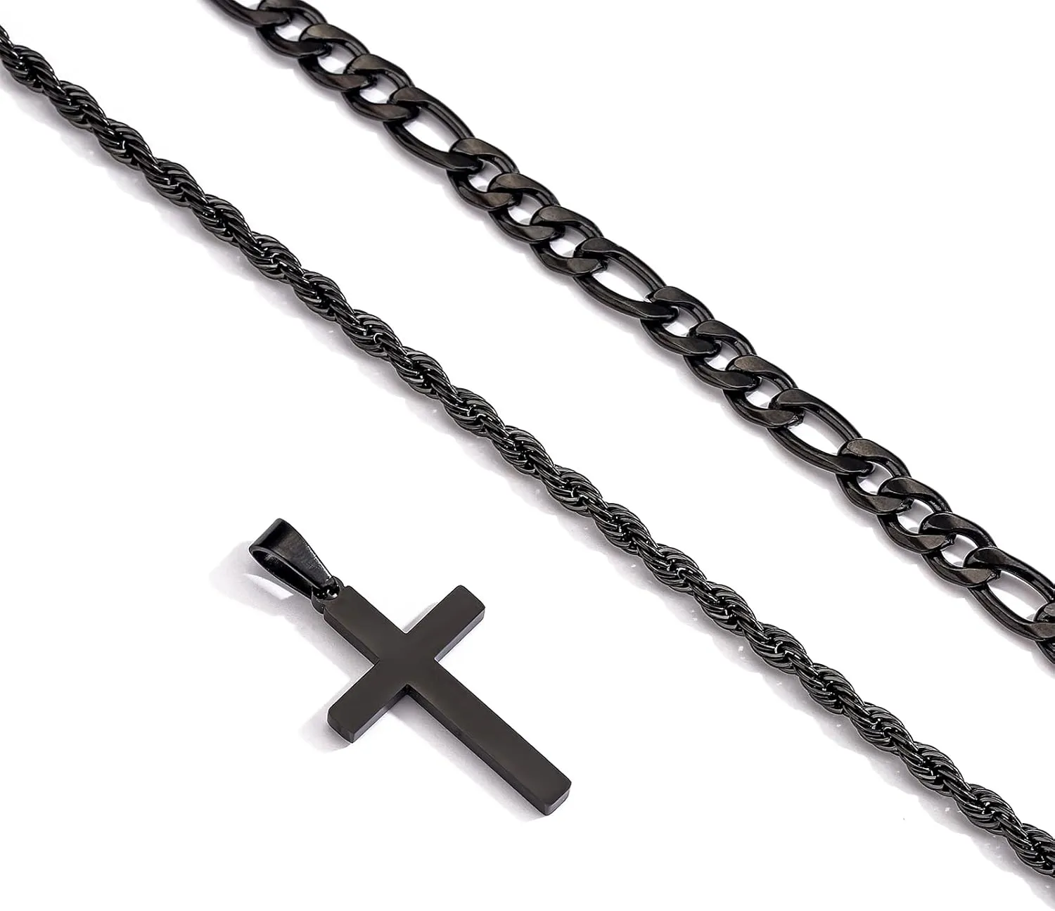 P.BLAKE Layered Cross Necklace With Chain for Men Boys, Stainless Steel Figaro Twist Rope Chain Christian Cross Pendant Choke Necklace Jewelry Gifts for Men Boys