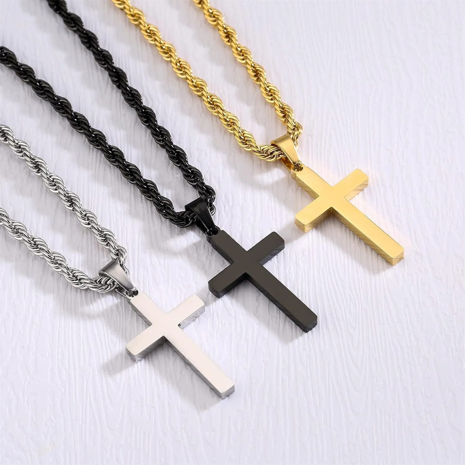 P.BLAKE Layered Cross Necklace With Chain for Men Boys, Stainless Steel Figaro Twist Rope Chain Christian Cross Pendant Choke Necklace Jewelry Gifts for Men Boys