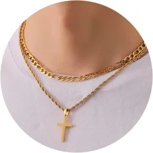 P.BLAKE Layered Cross Necklace With Chain for Men Boys, Stainless Steel Figaro Twist Rope Chain Christian Cross Pendant Choke Necklace Jewelry Gifts for Men Boys