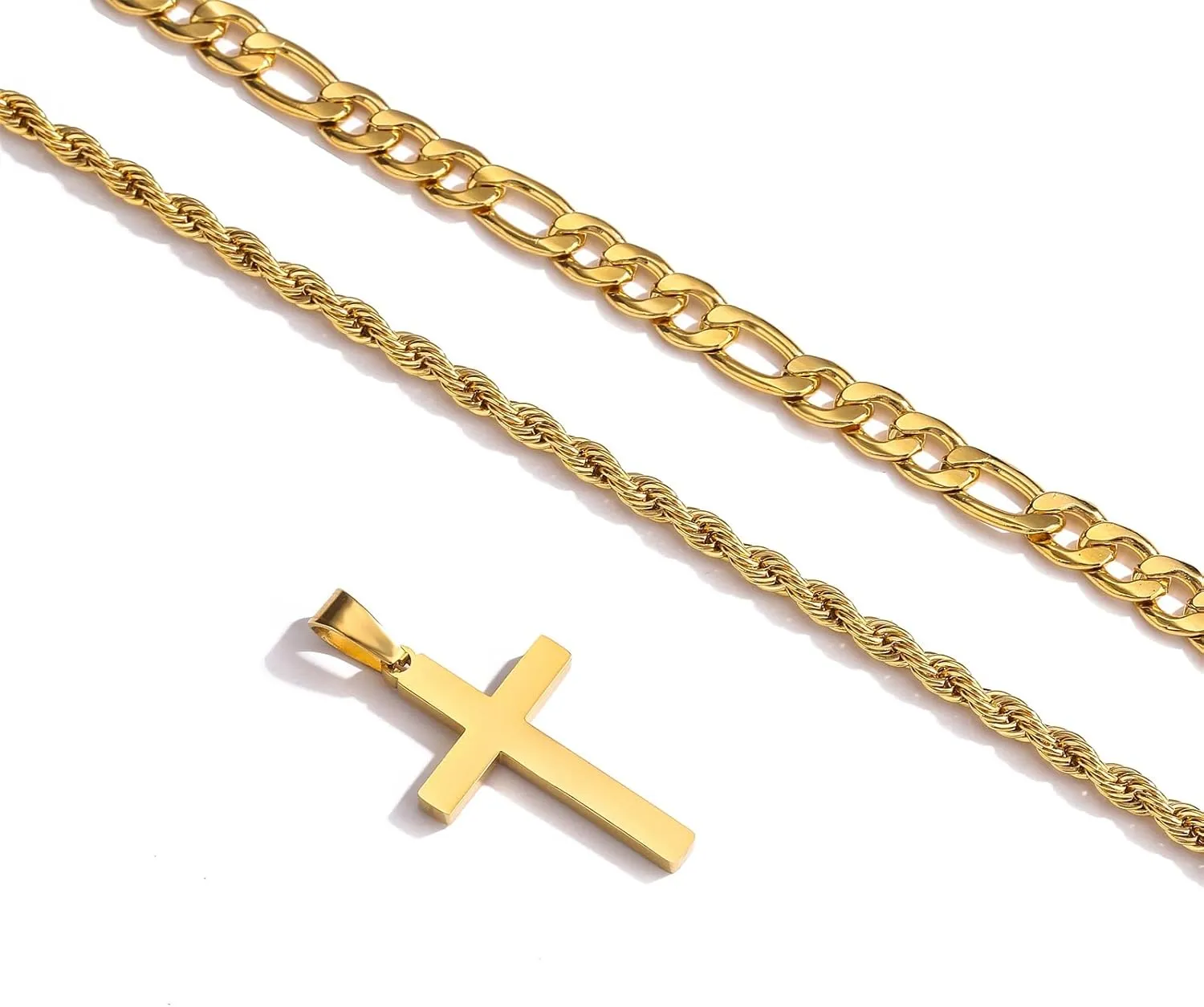 P.BLAKE Layered Cross Necklace With Chain for Men Boys, Stainless Steel Figaro Twist Rope Chain Christian Cross Pendant Choke Necklace Jewelry Gifts for Men Boys