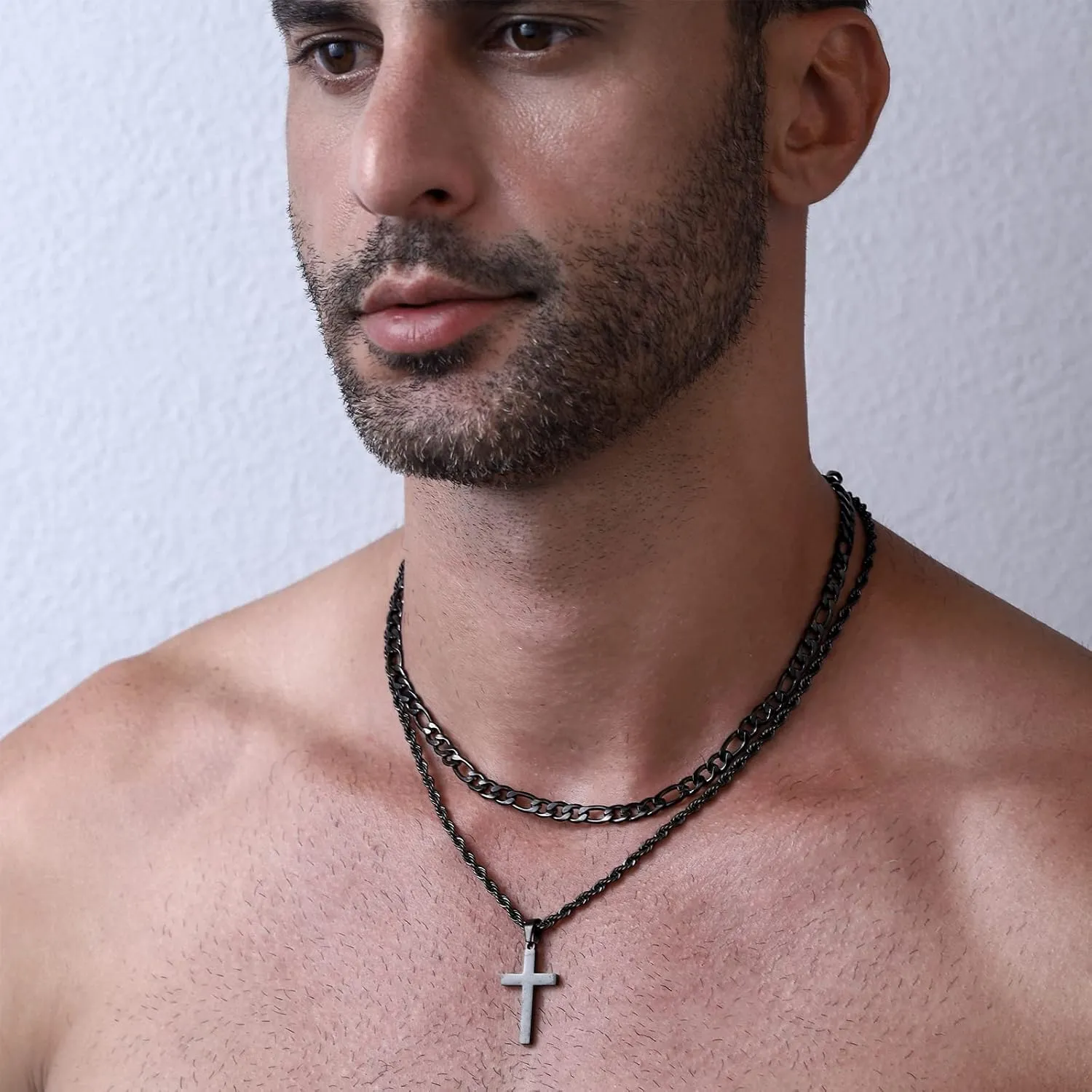 P.BLAKE Layered Cross Necklace With Chain for Men Boys, Stainless Steel Figaro Twist Rope Chain Christian Cross Pendant Choke Necklace Jewelry Gifts for Men Boys