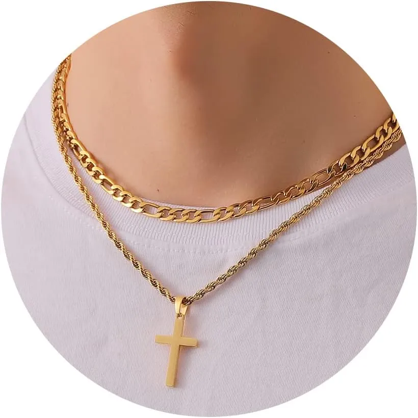 P.BLAKE Layered Cross Necklace With Chain for Men Boys, Stainless Steel Figaro Twist Rope Chain Christian Cross Pendant Choke Necklace Jewelry Gifts for Men Boys