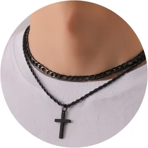 P.BLAKE Layered Cross Necklace With Chain for Men Boys, Stainless Steel Figaro Twist Rope Chain Christian Cross Pendant Choke Necklace Jewelry Gifts for Men Boys