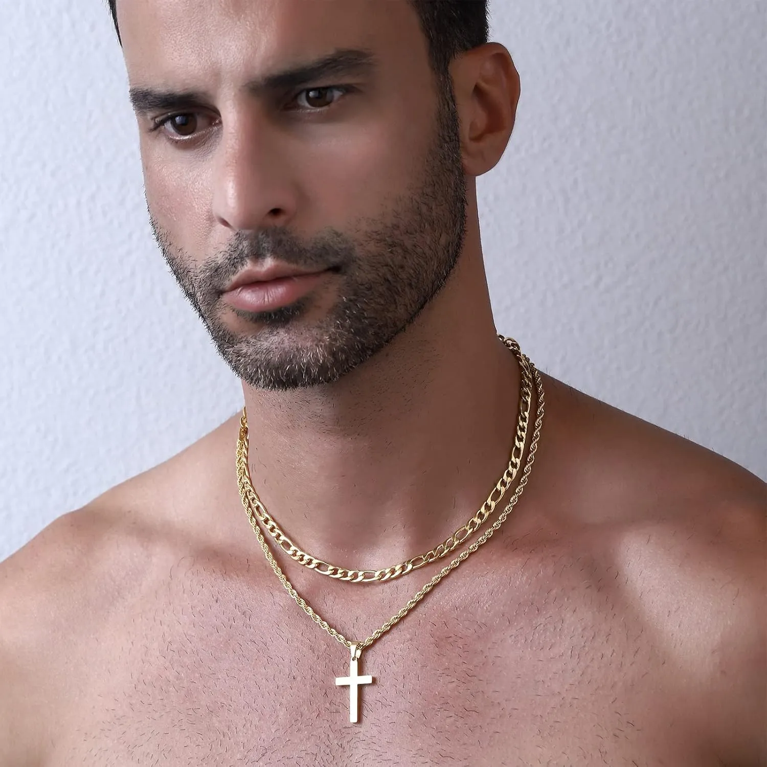 P.BLAKE Layered Cross Necklace With Chain for Men Boys, Stainless Steel Figaro Twist Rope Chain Christian Cross Pendant Choke Necklace Jewelry Gifts for Men Boys
