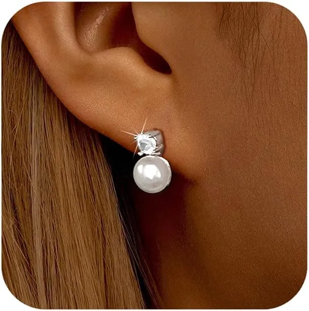 Pearl Earrings for Women 925 Sterling Silver Pearl Stud Earrings 14K Gold Plated CZ Diamond Earrings Elegant Wedding Bridal Stud Earrings for Brides Bridesmaids Prom Graduation Jewelry Gifts