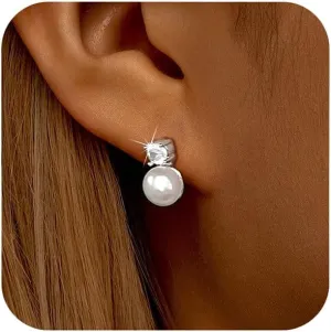 Pearl Earrings for Women 925 Sterling Silver Pearl Stud Earrings 14K Gold Plated CZ Diamond Earrings Elegant Wedding Bridal Stud Earrings for Brides Bridesmaids Prom Graduation Jewelry Gifts