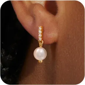 Pearl Earrings for Women, Gold Hoop Earrings for Women Trendy 14K Gold Pearl Huggie Earrings Dangle Drop Studs Dainty Hypoallergenic Hoop Earrings Jewelry Gifts for Women