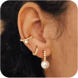 Pearl Earrings for Women, Trendy Pearl Ear Cuff Earring Set 14K Gold Plated Hypoallergenic Cartilage Earrings Small Gold Drop Hoop Huggie Earrings Diamond Stud Earrings Piercing Jewelry Gift