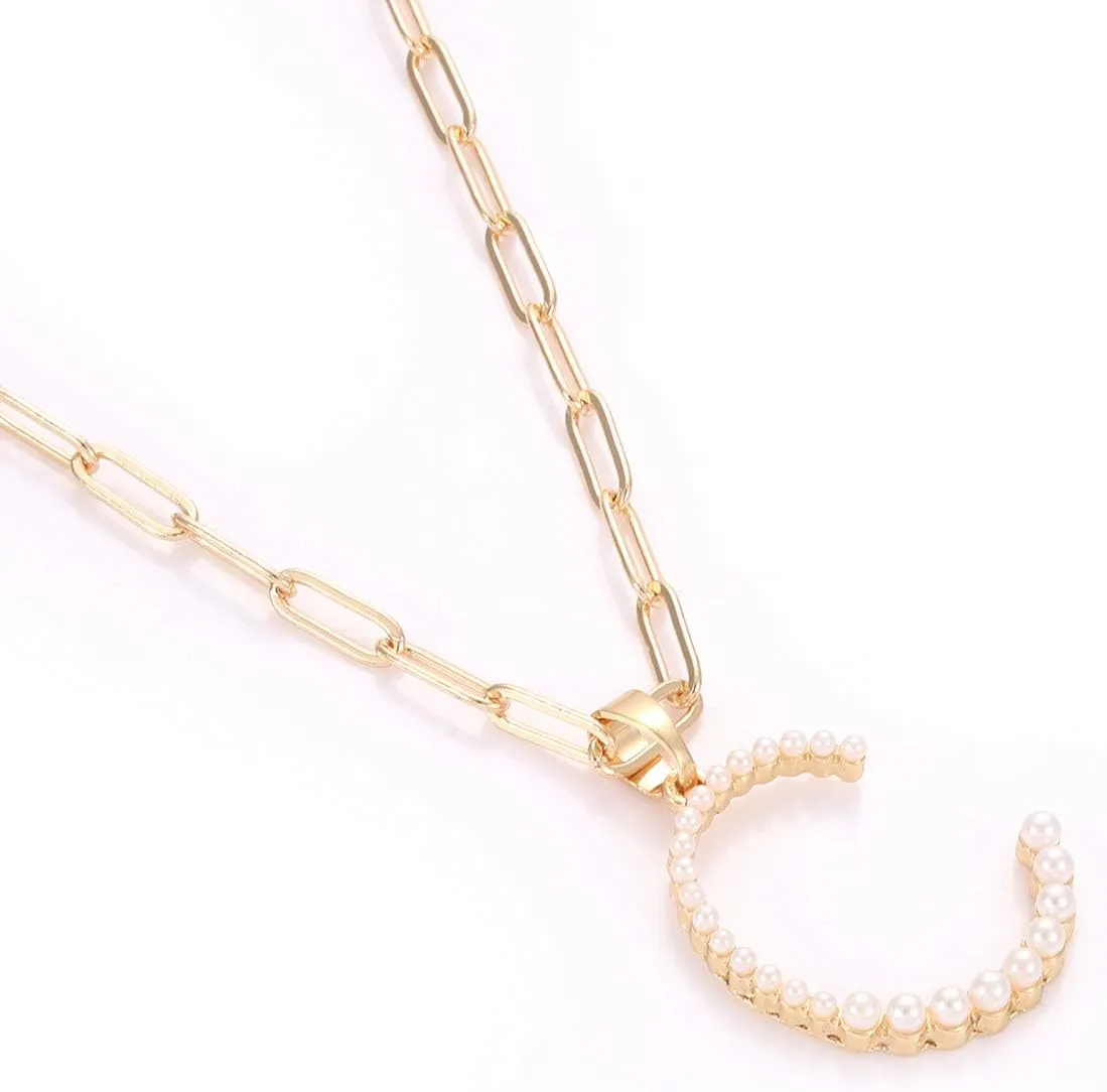 Pearl Initial Necklace Personalized 18K Gold Plated Paperclip Chain Letter Choker Necklaces for Women Alphabet Pendant Necklace Anniversary Birthday Gift for Women