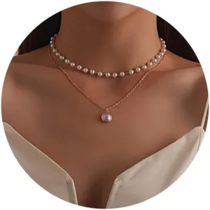 Pearl Layered Choker Necklace Gold Dainty Pearl Pendant Necklace Fashion Beaded Necklace Chain Jewelry for Women (PearlTwo)