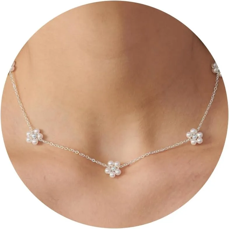 Pearl Necklace: 14K White Gold-Plated Pearl Pendant Necklace for Women Station Choker Y-necklace 16.5"   2"