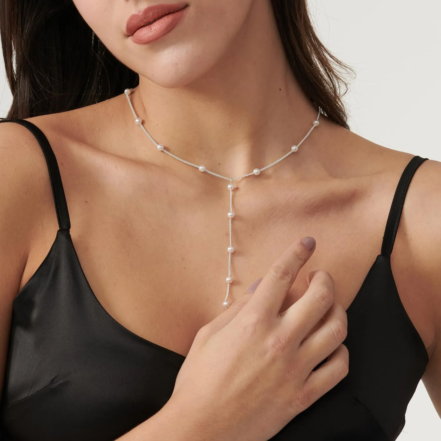 Pearl Necklace: 14K White Gold-Plated Pearl Pendant Necklace for Women Station Choker Y-necklace 16.5"   2"