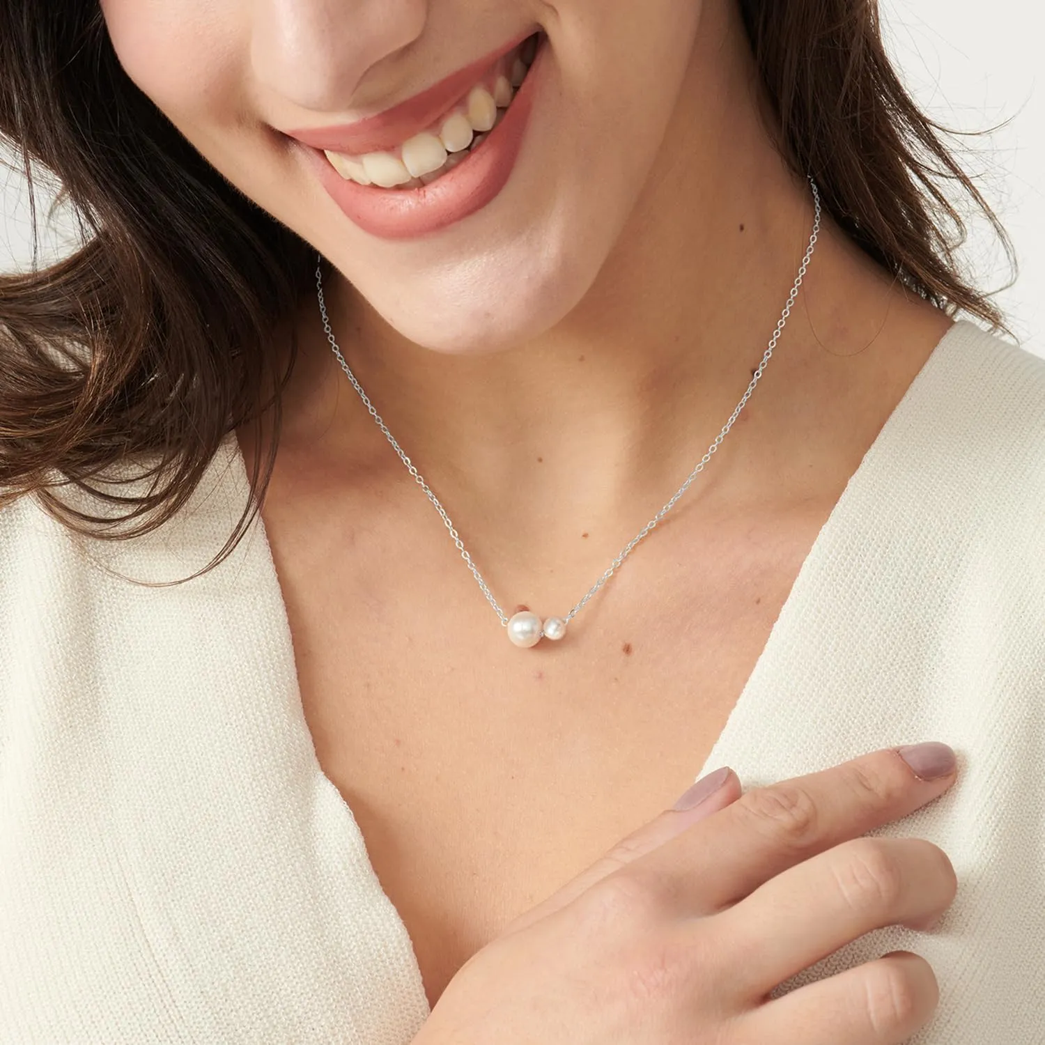 Pearl Necklace: 14K White Gold-Plated Pearl Pendant Necklace for Women Station Choker Y-necklace 16.5"   2"