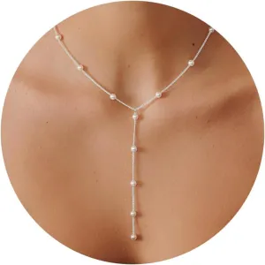 Pearl Necklace: 14K White Gold-Plated Pearl Pendant Necklace for Women Station Choker Y-necklace 16.5"   2"