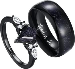 Personalized Promise Rings for Couples, Black Matching Rings for Couples, Engraved Kite Cut Shaped Blue Sandstone Ring, Custom Matching Couple Rings Set, His and Her Engagement Ring for Couples