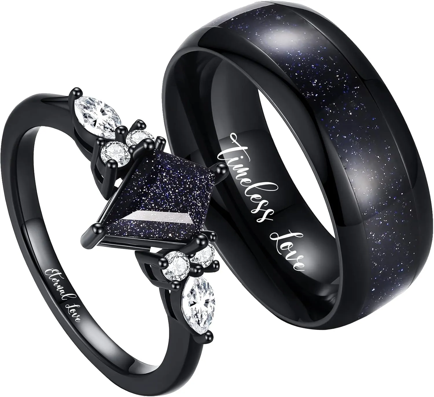 Personalized Promise Rings for Couples, Black Matching Rings for Couples, Engraved Kite Cut Shaped Blue Sandstone Ring, Custom Matching Couple Rings Set, His and Her Engagement Ring for Couples