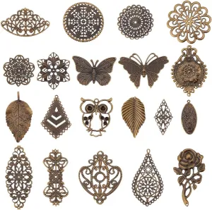 PH PandaHall 120pcs Filigree Metal Embellishments 19 Style Filigree Connectors Charms Antique Bronze Flower Animal Pendants for Steampunk Mixed Media Art Hairpin Headwear Necklace Jewelry Making