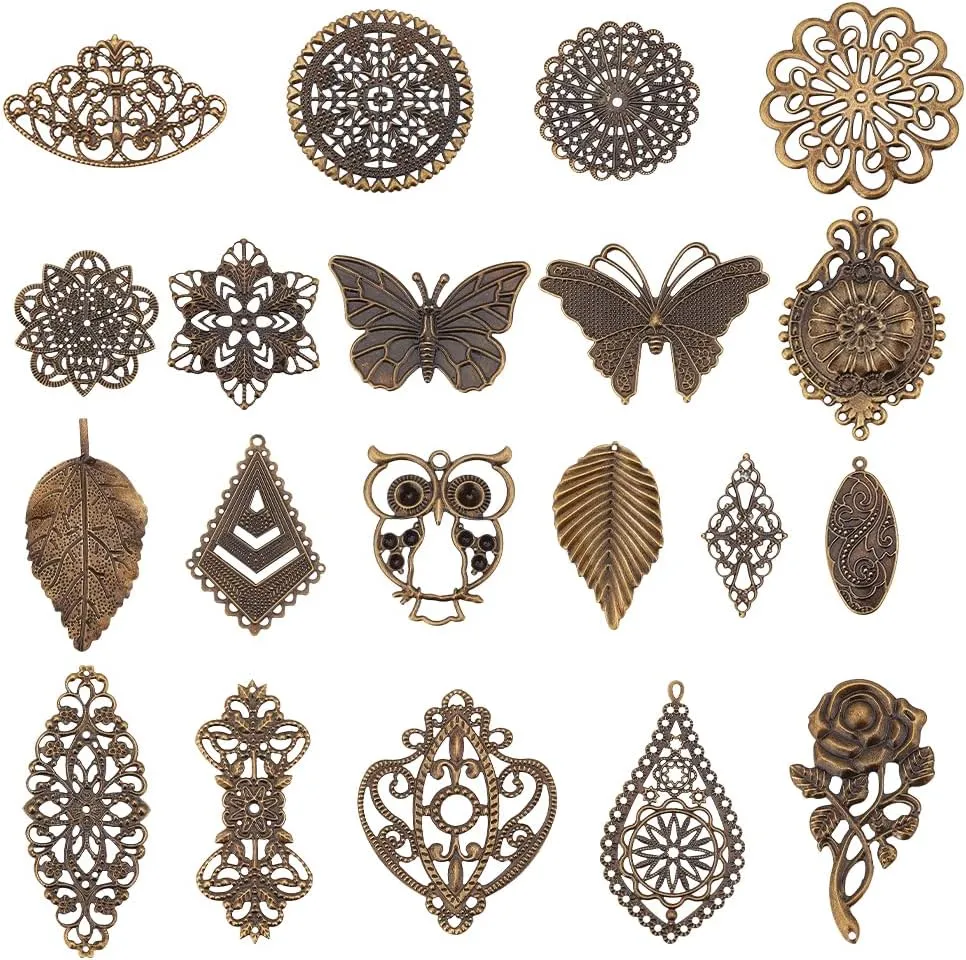 PH PandaHall 120pcs Filigree Metal Embellishments 19 Style Filigree Connectors Charms Antique Bronze Flower Animal Pendants for Steampunk Mixed Media Art Hairpin Headwear Necklace Jewelry Making