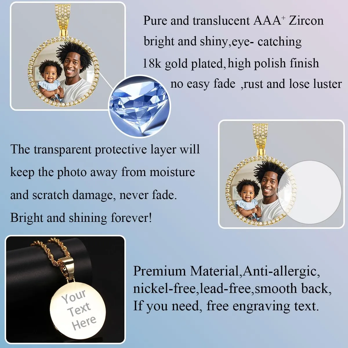 Picture Necklace Personalized Photo for Men Women Customized Pendant Memory Medallion Angel Wings Heart Pendant 18k Gold AAA CZ Iced Out Pendant with Chain Hip Hop Jewellery Gift Box Bag Ornaments