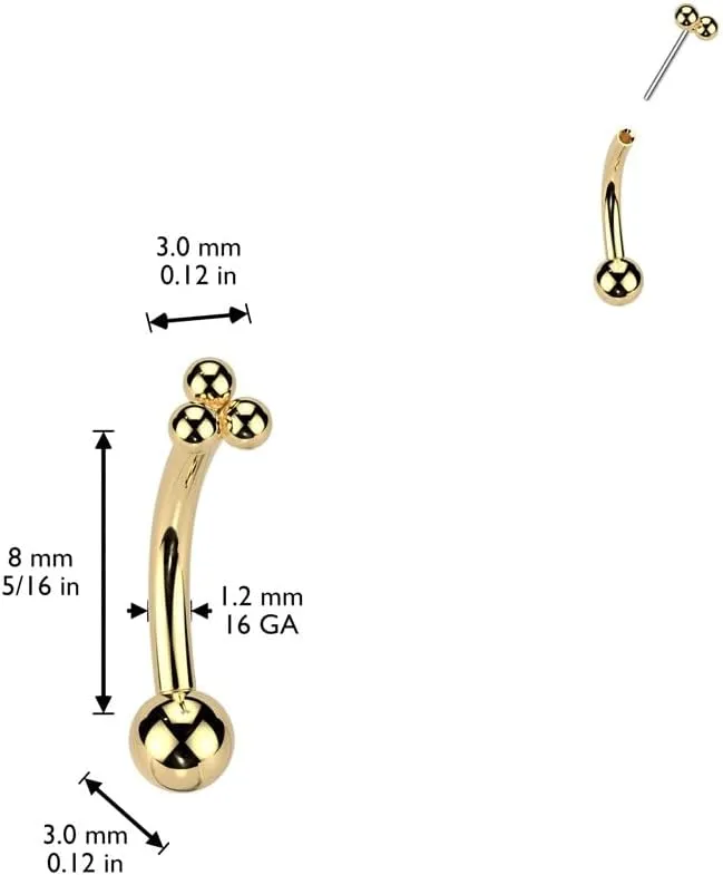 Pierced Owl 16GA ASTM F-136 Implant Grade Titanium Threadless Push-In Triple Ball Cluster Top Eyebrow Curved Barbell