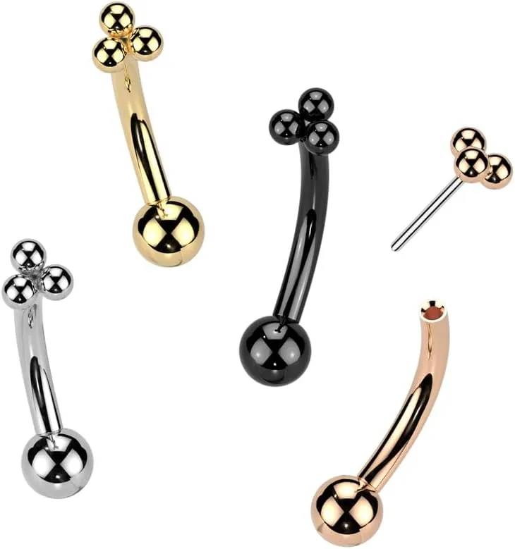 Pierced Owl 16GA ASTM F-136 Implant Grade Titanium Threadless Push-In Triple Ball Cluster Top Eyebrow Curved Barbell