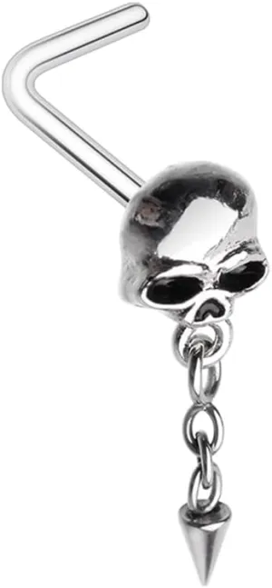 Pierced Owl 20GA Stainless Steel Skull with Dangling Chain Spike L-Bend Nose Stud