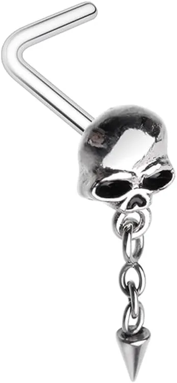 Pierced Owl 20GA Stainless Steel Skull with Dangling Chain Spike L-Bend Nose Stud