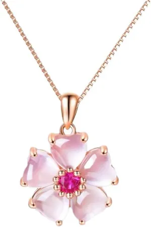 Pink Flower Pendant Necklace for Women CZ Crystal Floral Cherry Blossoms Dainty Choker Necklaces Gemstome Pink Love Heart Beautiful Artificial Stone Wedding Best Gift for Friends Lover Valentine's Day