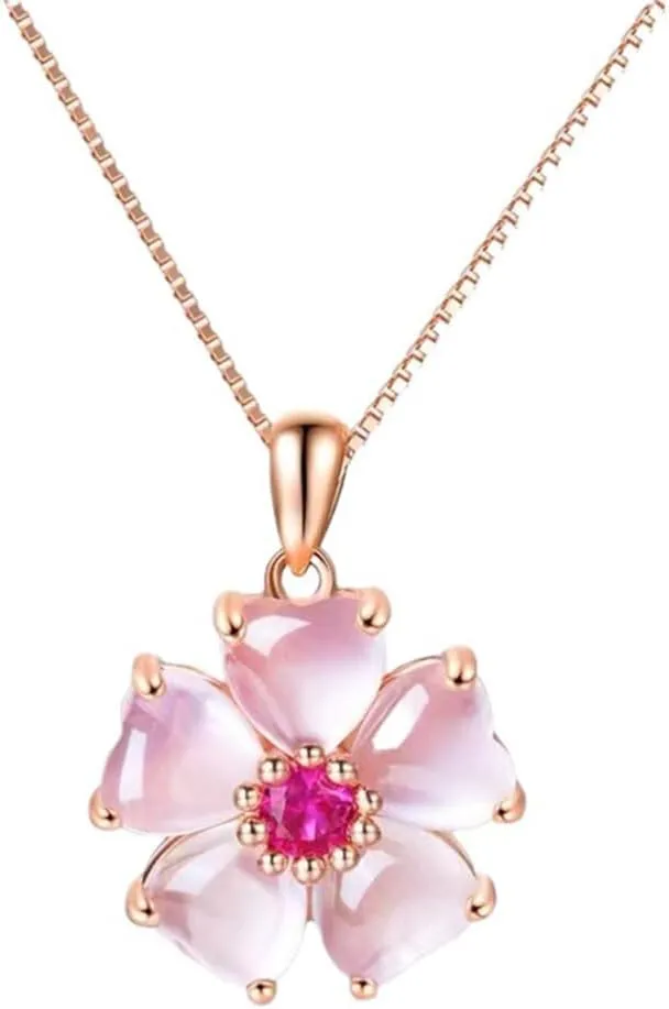 Pink Flower Pendant Necklace for Women CZ Crystal Floral Cherry Blossoms Dainty Choker Necklaces Gemstome Pink Love Heart Beautiful Artificial Stone Wedding Best Gift for Friends Lover Valentine's Day