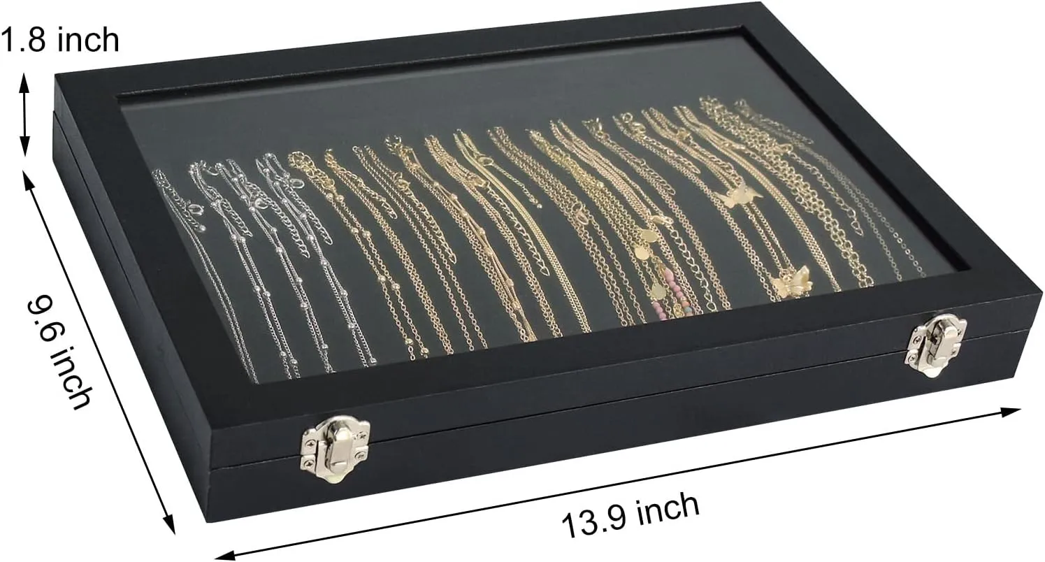 Premium Necklace Organizer Box - 20 Hooks Jewelry Tray with Transparent Lid - Display Box for Necklaces, Pendants - Suitable for Women and Girls (Black)