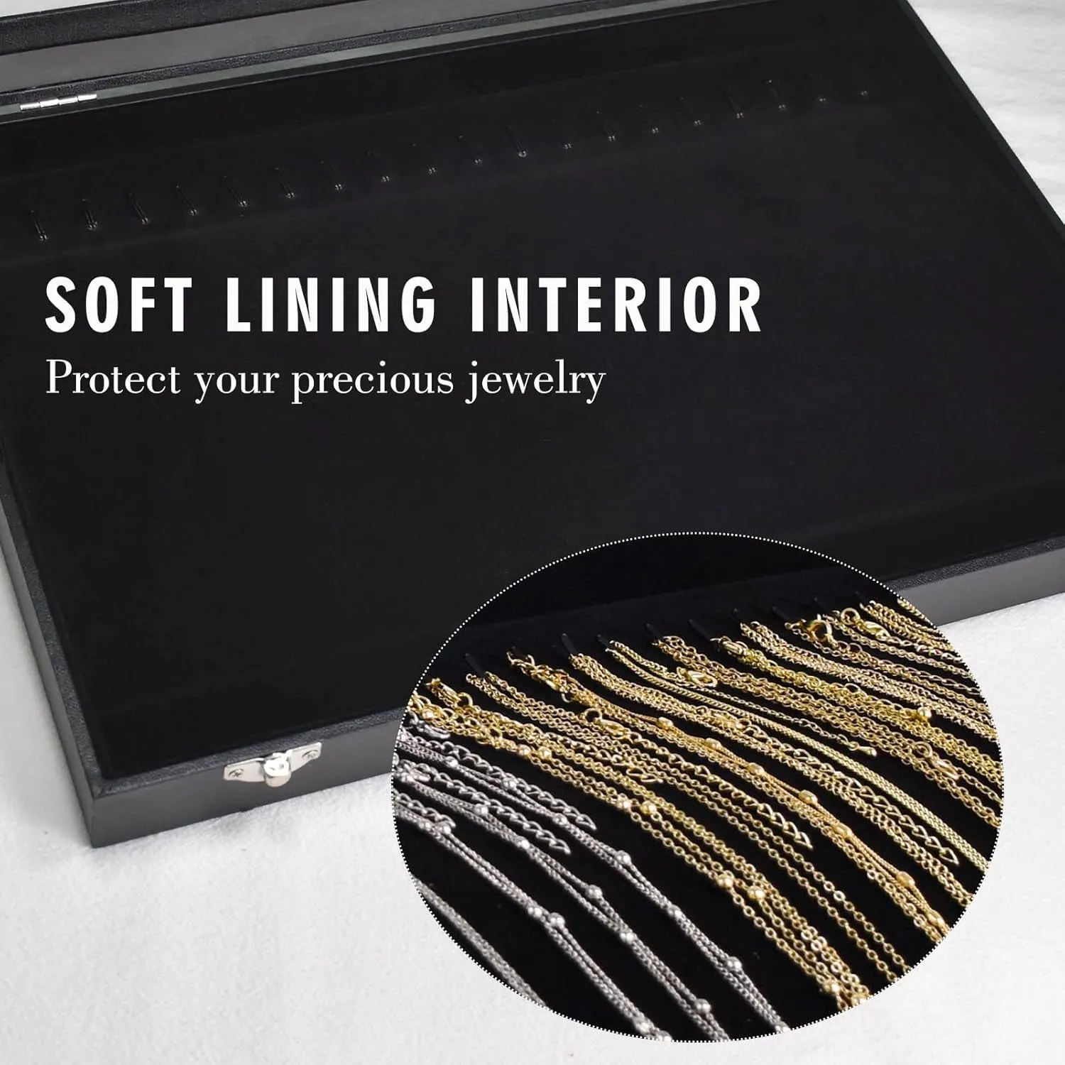 Premium Necklace Organizer Box - 20 Hooks Jewelry Tray with Transparent Lid - Display Box for Necklaces, Pendants - Suitable for Women and Girls (Black)