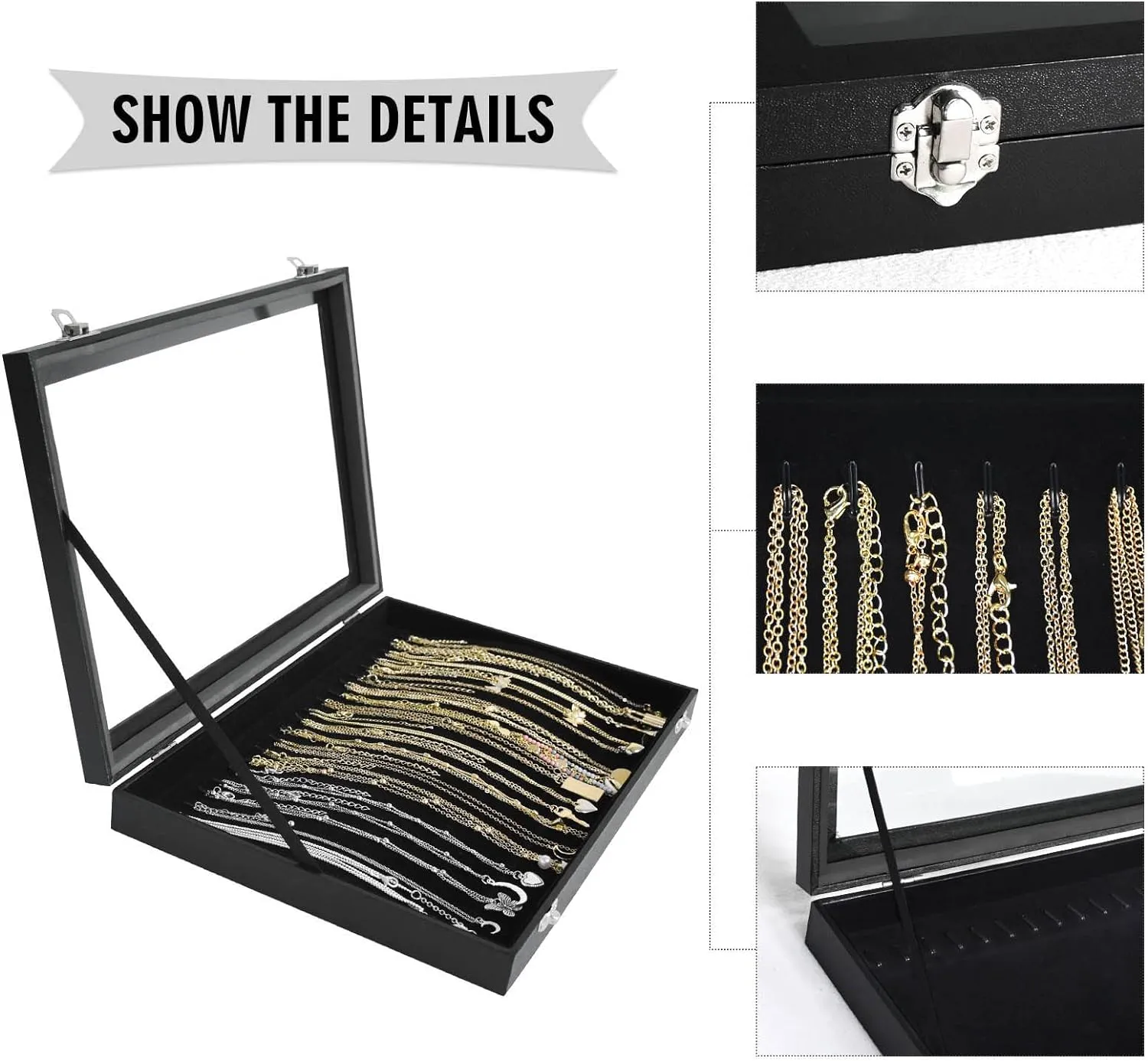 Premium Necklace Organizer Box - 20 Hooks Jewelry Tray with Transparent Lid - Display Box for Necklaces, Pendants - Suitable for Women and Girls (Black)