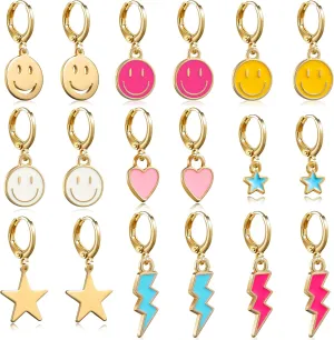 Preppy Earrings Pack with Colorful Happy Smile Lightning Bolt Heart Star Charms Pendants Gold Small Huggie Hoop Dangle Earrings Trendy Y2K Preppy Jewelry Gifts for Teen Girls Women Kids
