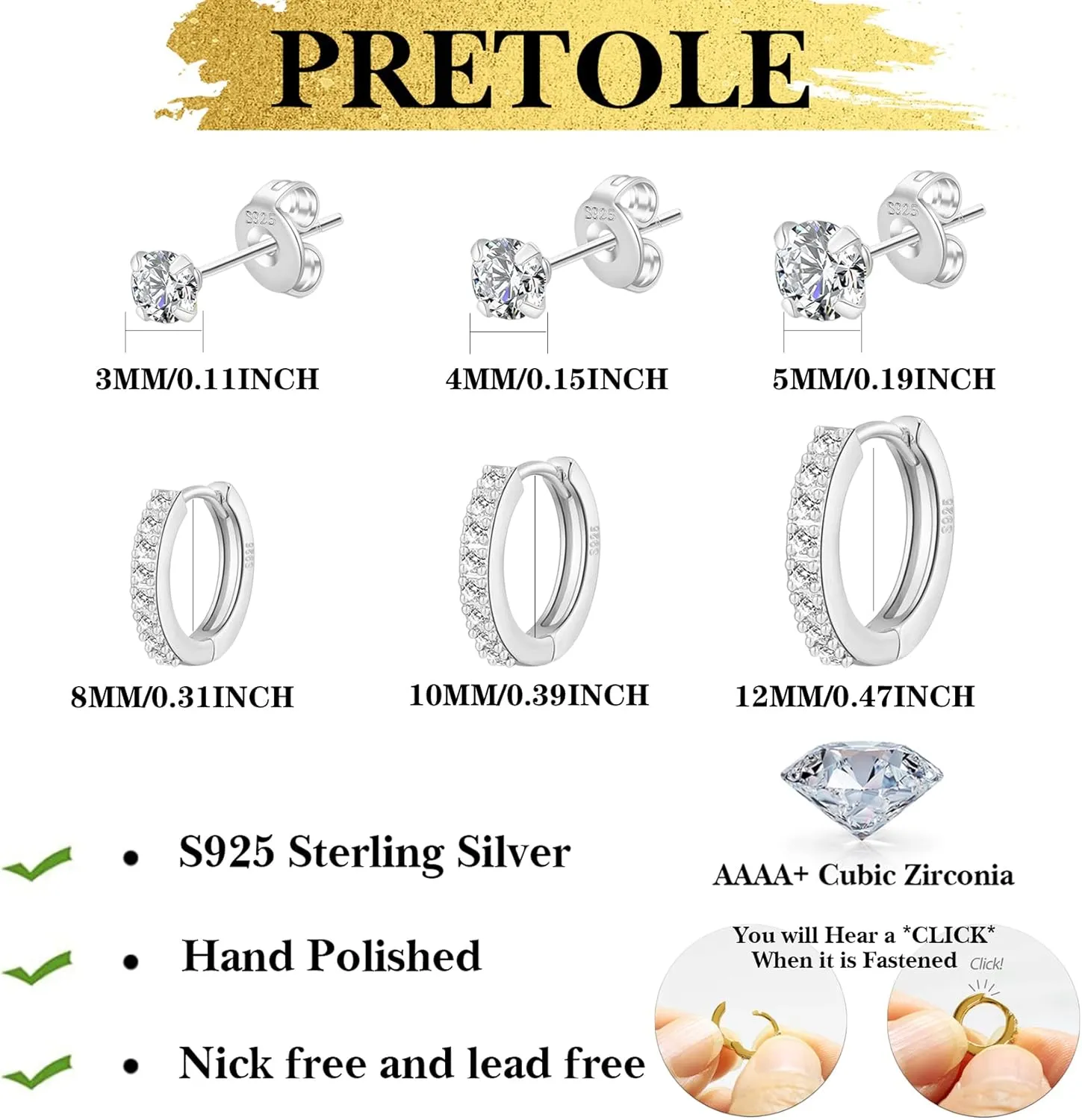 PRETOLE 8 Pairs Sterling Silver Stud Earrings for Women,14K Gold Plated Stud Earrings Set for Women Hypoallergenic Stud Earrings Cubic Zirconia Stud Earrings Small Stud Earrings for Women