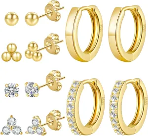 PRETOLE 8 Pairs Sterling Silver Stud Earrings for Women,14K Gold Plated Stud Earrings Set for Women Hypoallergenic Stud Earrings Cubic Zirconia Stud Earrings Small Stud Earrings for Women